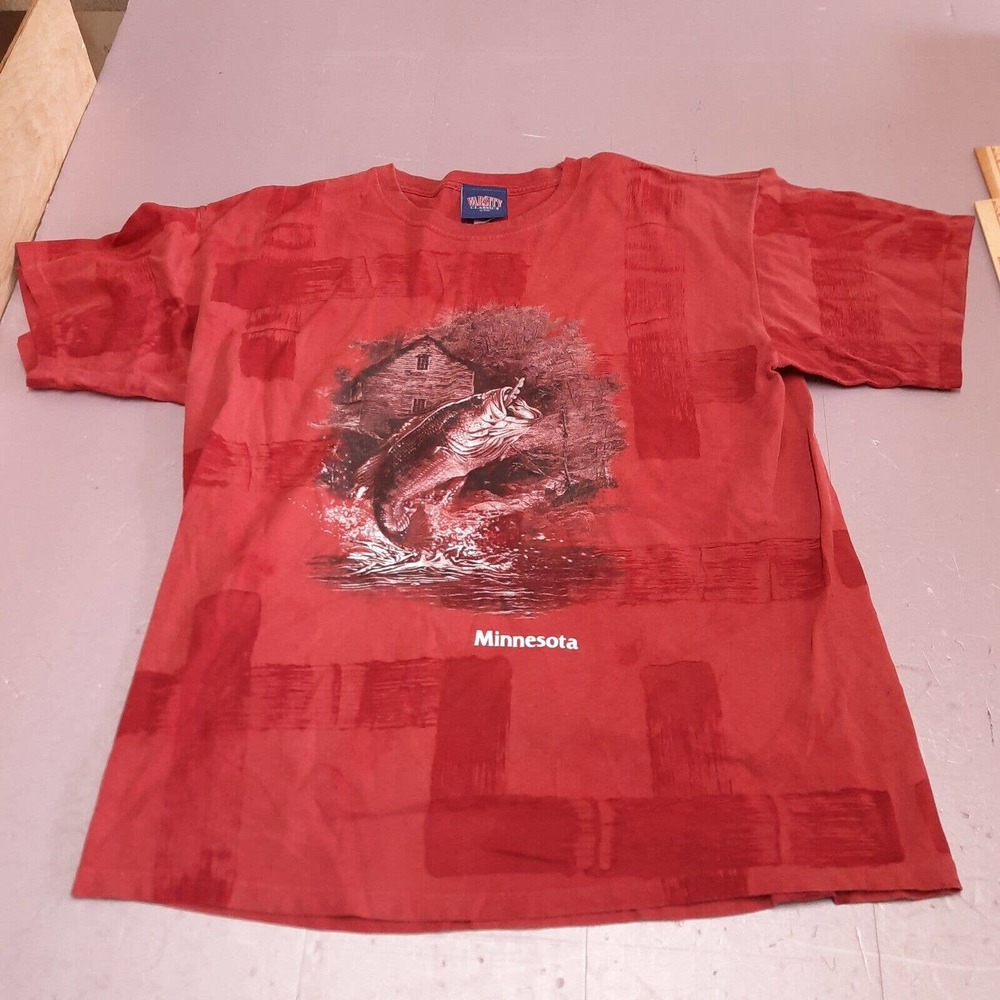 Vintage Minnesota Fish Bass Nature Shirt Men‎ XL Red Crew Neck Varsity Classic